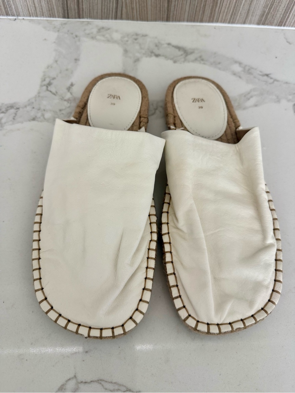 ZARA White Leather Espadrille Slip-On Mules - Size 39 - Off-white